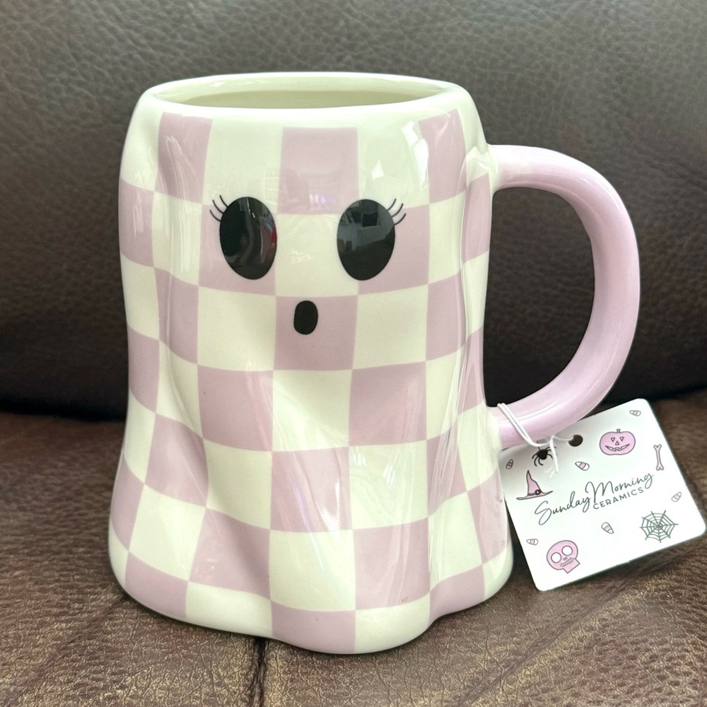 Purple & White Checkered Ghost Figural Halloween Mug
